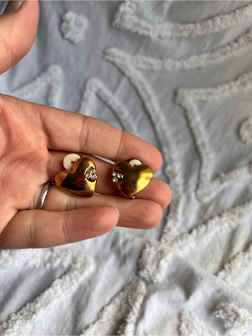 Vintage Gold Plate Heart Clip-On Earrings with Crystal Accent